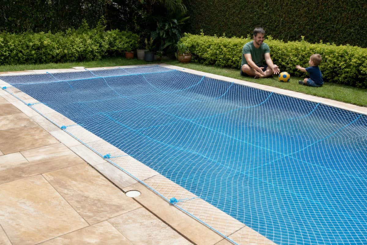 Pai e criança brincando no gramado perto da piscina com rede de proteção